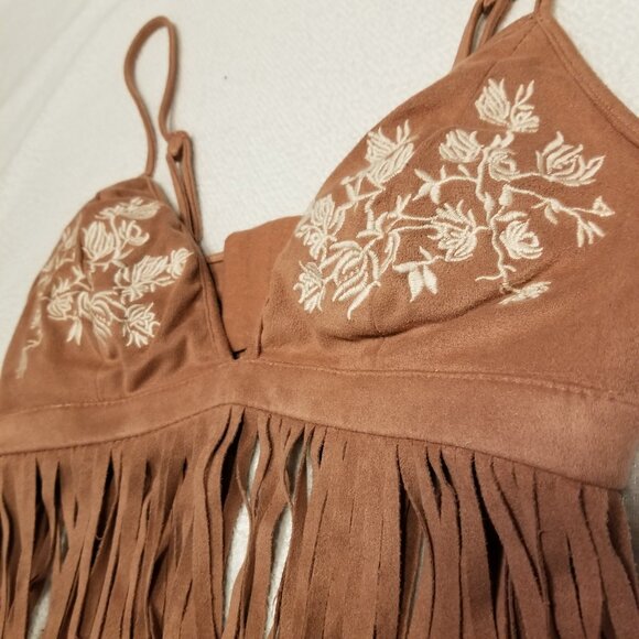 Suede Pink Fringe Bralette Embroidered Flowers Tank Top Forever 21 Nude Medium - Picture 4 of 12